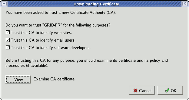 CA certificate import dialogue box