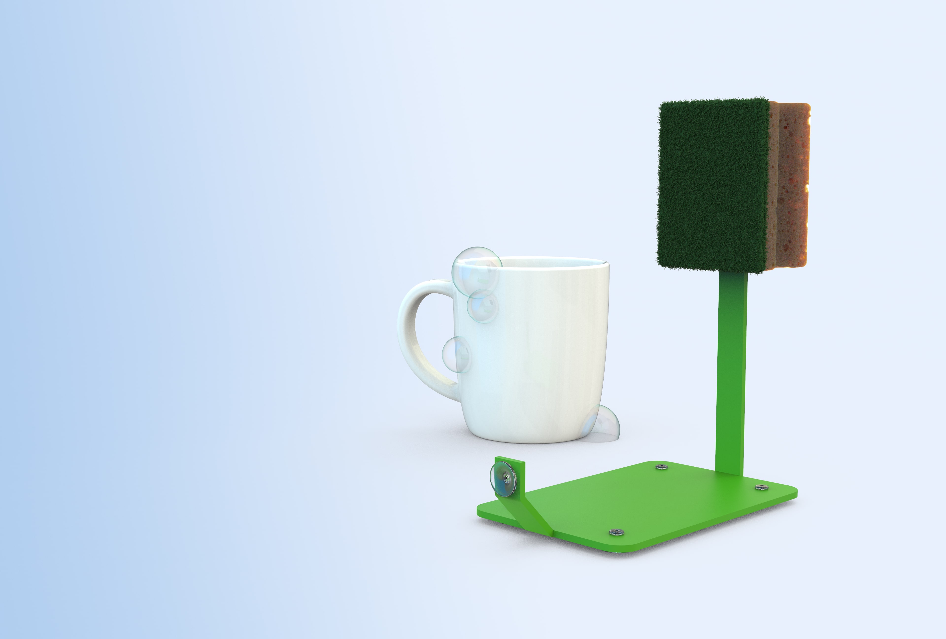 Hero Image: Scrub beside a mug before a light blue background gradient