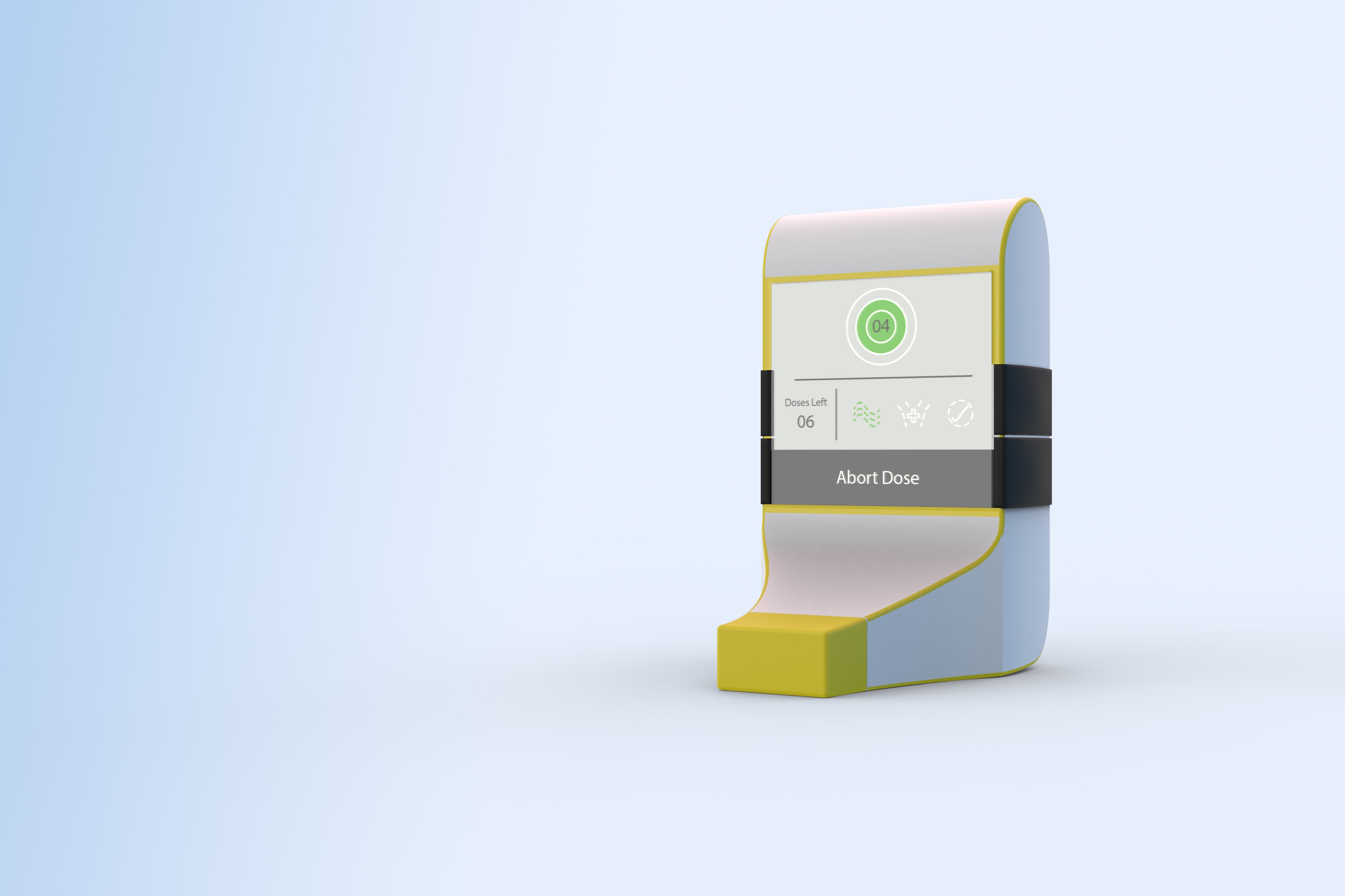 Insuhale inhalor with LCD screen visibly displaying one screen of the UI